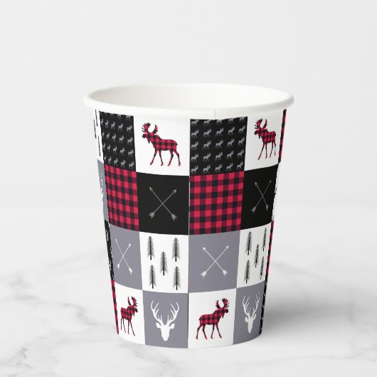 バッファロー素朴の格子模様パッチワーク赤い白のクリスマス 紙コップ (右)