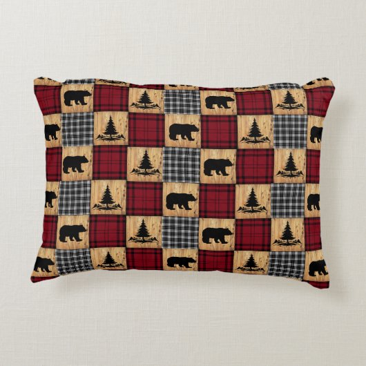 バッファロー素朴チェックは、木の木の赤い黒を支える アクセントクッション (裏面)
