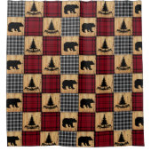 バッファロー素朴チェックは、木の木の赤い黒を支える シャワーカーテン (正面)