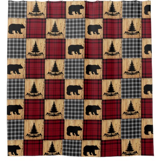 バッファロー素朴チェックは、木の木の赤い黒を支える シャワーカーテン (正面)