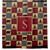 バッファロー素朴チェックは、木の木の赤い黒を支える シャワーカーテン (正面)