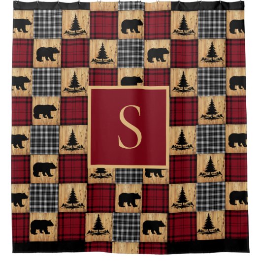 バッファロー素朴チェックは、木の木の赤い黒を支える シャワーカーテン (正面)
