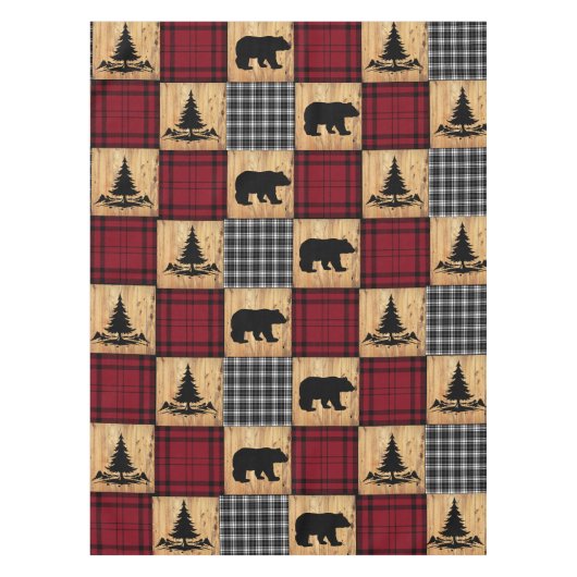 バッファロー素朴チェックは、木の木の赤い黒を支える テーブルクロス (正面)