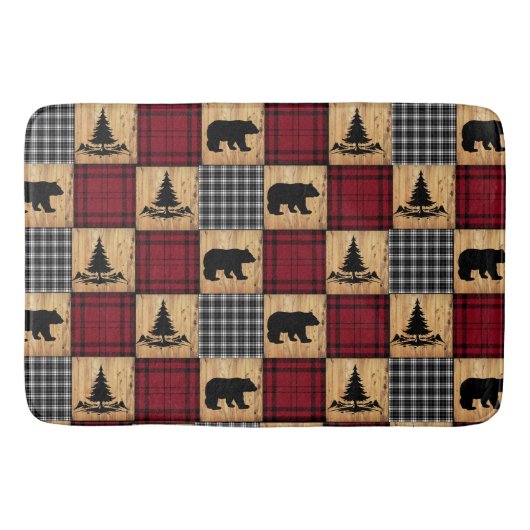 バッファロー素朴チェックは、木の木の赤い黒を支える バスマット (正面)