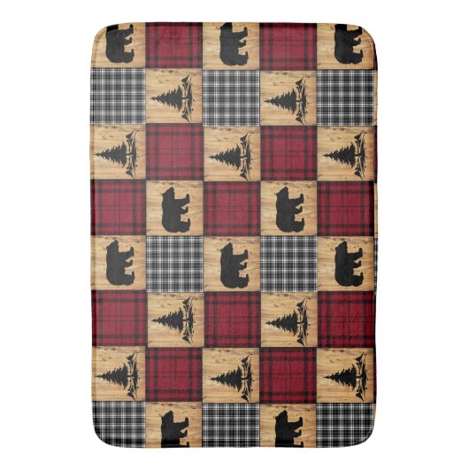 バッファロー素朴チェックは、木の木の赤い黒を支える バスマット (正面縦)