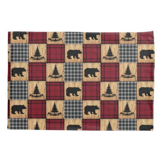 バッファロー素朴チェックは、木の木の赤い黒を支える 枕カバー (裏面)