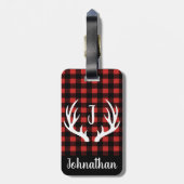 バッファロー素朴チェックプレイド&ホワイトディアー〔雄ジカの〕枝角 ラゲッジタグ (裏面縦)