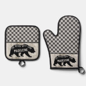 バッファロー素朴プレイドウッドキャビンブラックベアカスタム 鍋つかみ&鍋敷きセット (正面)