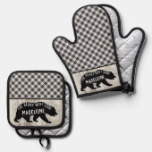 バッファロー素朴プレイドウッドキャビンブラックベアカスタム 鍋つかみ&鍋敷きセット (正面/裏面)