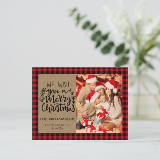 バッファロー素朴プレイドクラフトフォトファミリークリスマス ポストカード (スタンド正面)