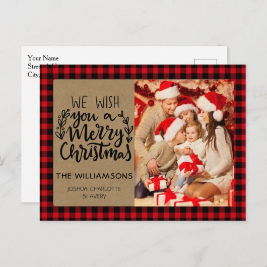 バッファロー素朴プレイドクラフトフォトファミリークリスマス ポストカード (正面/裏面)