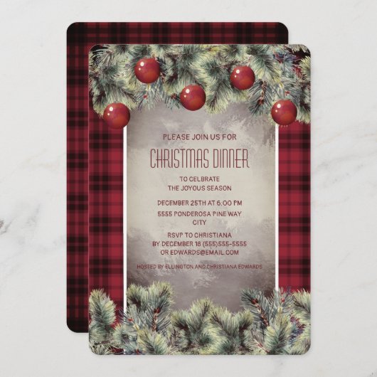 バッファロー素朴プレイドシルバーグレークリスマスディナー 招待状 (正面/裏面)