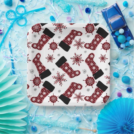 バッファロー素朴プレイドストッキングスノーフレークスクリスマス ペーパープレート (パーティー)