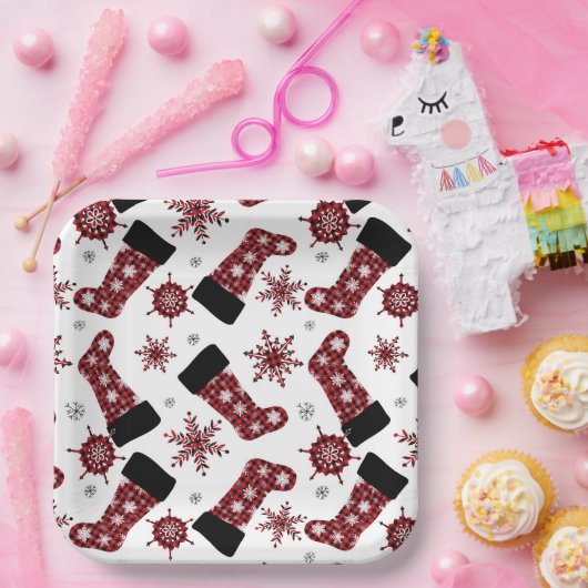 バッファロー素朴プレイドストッキングスノーフレークスクリスマス ペーパープレート (パーティー)