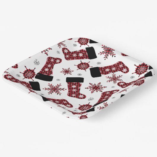 バッファロー素朴プレイドストッキングスノーフレークスクリスマス ペーパープレート (傾斜あり)