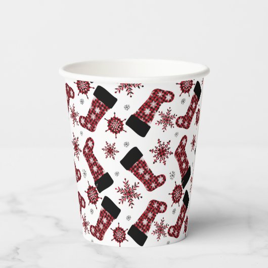 バッファロー素朴プレイドストッキングスノーフレークスクリスマス 紙コップ (裏面)