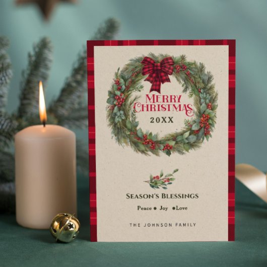 バッファロー素朴プレイドファームハウスクリスマスリース シーズンカード