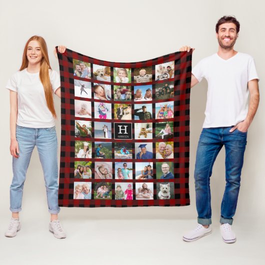 バッファロー素朴プレイドモノグラムフォトコラージュレッド フリースブランケット (インサイチュ)