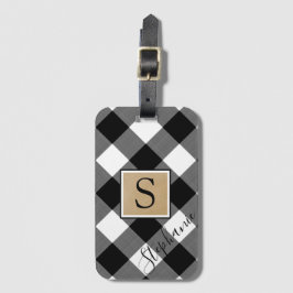 バッファロー素朴プレイドモノグラム名白黒 ラゲッジタグ
