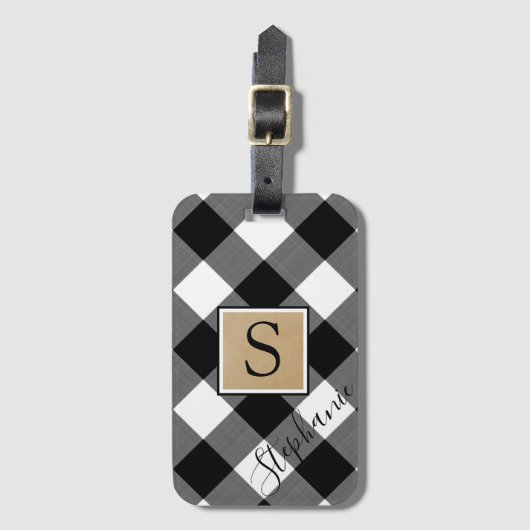 バッファロー素朴プレイドモノグラム名白黒 ラゲッジタグ (正面縦)