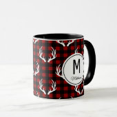 バッファロー素朴プレイド&ホワイトディアー〔雄ジカの〕枝角モノグラム マグカップ (正面右)