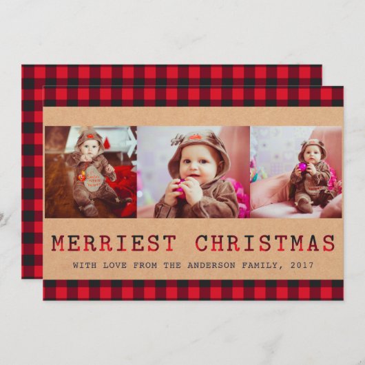 バッファロー素朴プレイド | 3写真のクリスマスグリーティング シーズンカード (正面/裏面)