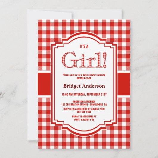 バッファロー赤と白プレイドベビーシャワー 招待状 (正面)