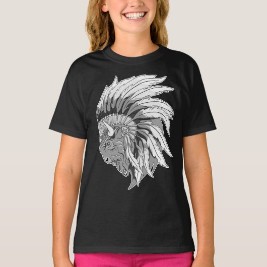 バッファロー頭とインディアンヘアドレ子供のTシャツ Tシャツ (正面)