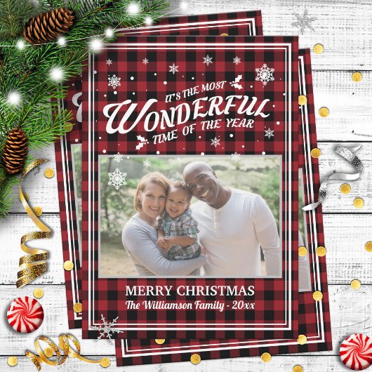 バッファロー・チェック クリスマス 家族写真 グリーティングカード 招待状