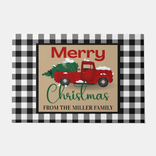 バッファロー・プレイドとレッドトラックカスタムのクリスマス ドアマット (正面)