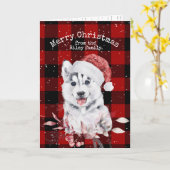 バッファロー・プレイドのクリスマスハスキー カード (黄色い花)