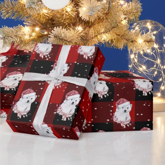 バッファロー・プレイドのクリスマスポーラーベア ラッピングペーパー (クリスマス)