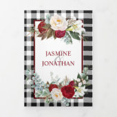 バッファロー・プレイドのブルゴーニュと白結婚のバラ 三つ折り招待状 (カバー)