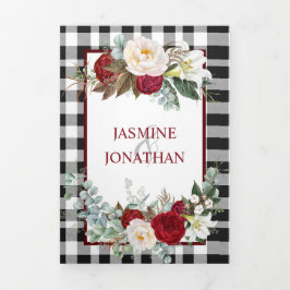 バッファロー・プレイドのブルゴーニュと白結婚のバラ 三つ折り招待状