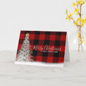 バッファロー・プレイドの白いクリスマスツリー カード (黄色い花)