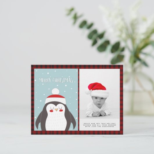 バッファロー・プレイド写真クリスマス新年の民俗ペンギン ポストカード (スタンド正面)