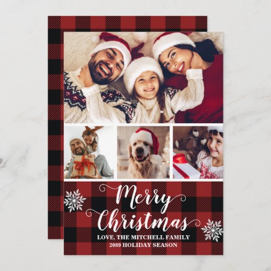 バッファロー・プレイド赤と黒の写真メリークリスマス シーズンカード (正面/裏面)