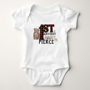 バッファロー·プレイド·ウッドランド·アニマルズ1歳の誕生日 ベビーボディスーツ