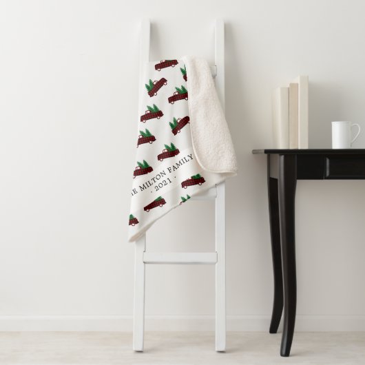 バッファローplaid赤いトラックのクリスマスツリーモノグラム シェルパブランケット (インサイチュ)
