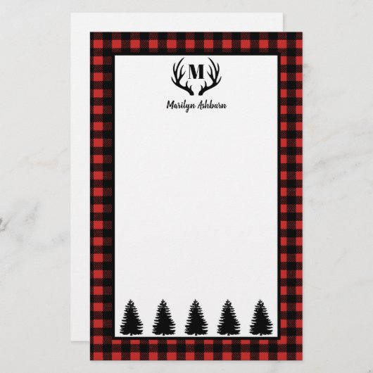 バッファロ素朴ーチェックプレイド&ブラックフォレスト&アントラー 便箋 (正面/裏面)