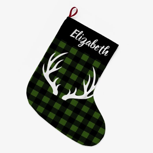 バッファロ素朴ーチェックプレイド&ホワイトディア〔雄ジカの〕枝角 ラージクリスマスストッキング (正面 (吊り時))
