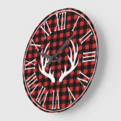 バッファ素朴ローチェックプレイド&ホワイトディア〔雄ジカの〕枝角 ラージ壁時計 (傾斜)