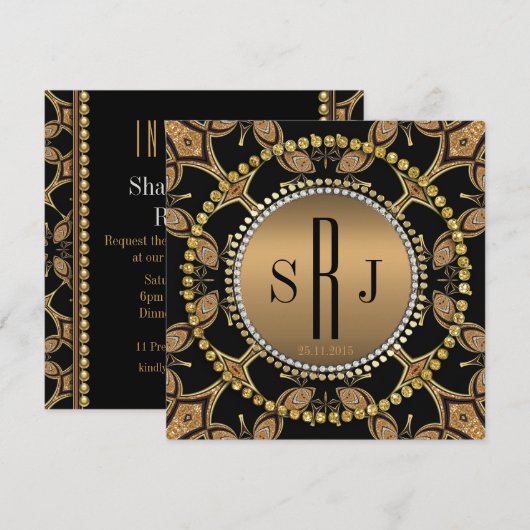 バティックアートデコブラックゴールドモノグラムパーティー招待状 招待状 (正面/裏面)