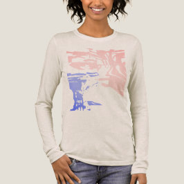 バティック風ピンクと淡い青のトロピカルビーチ風ルック トライブレンドTシャツ