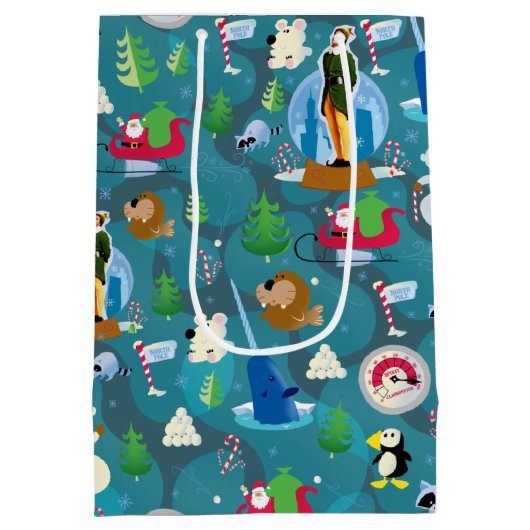 バディ小妖精や小人とキャラクターティール（緑がかった色）パターン ミディアムペーパーバッグ (裏面)