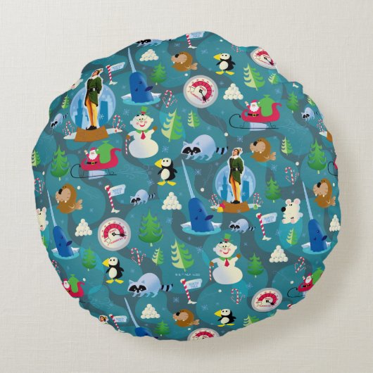 バディ小妖精や小人とキャラクターティール（緑がかった色）パターン ラウンドクッション (裏面)