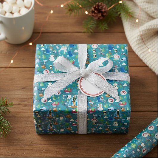 バディ小妖精や小人とキャラクターティール（緑がかった色）パターン ラッピングペーパーシート