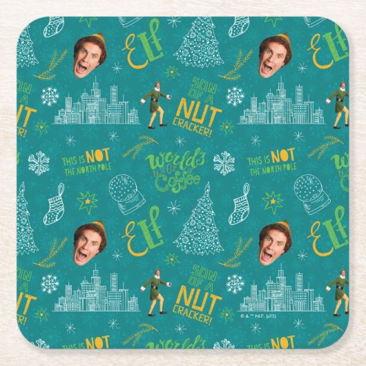 バディ小妖精や小人ティール（緑がかった色）引用文パターン スクエアペーパーコースター (正面)