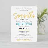 バト・ミツバ bat mitzvah タコイズブルー ゴールド スクリプト カリグラフィー 箔招待状 (立ち正面)