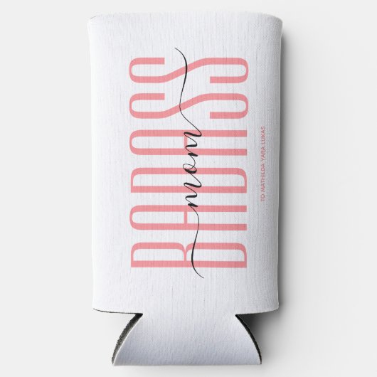 バドクールス母の強い母のマ独身のースクリプトピンク スリム缶クーラー (正面)